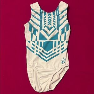 Teal and White Geometric Suni Lee Leotard